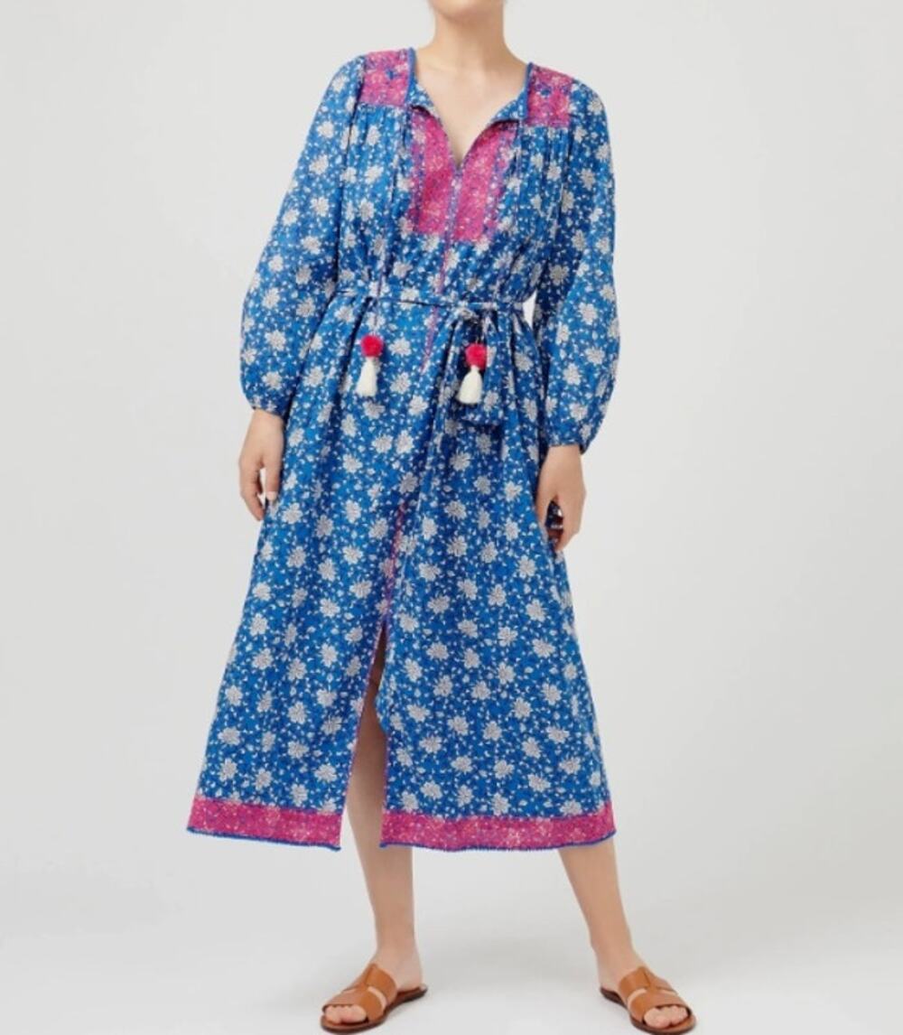 J. Crew Sz M Belted Tunic Dress Pink Blue Night Sky Block Print Bohemian